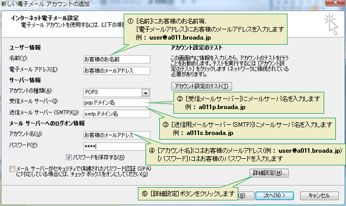 (1)[名前]にお客様のお名前等、[電子メールアドレス]にお客様のメールアドレスを入力します（例： user@a011.broada.jp）　(2)[受信メールサーバー] にメールサーバ名を入力します（例： a011p.broada.jp）　(3)[送信用メールサーバー(SMTP)]にメールサーバ名を入力します（例： a011s.broada.jp）　(4)[アカウント名]にはお客様のメールアドレス（例： user@a011.broada.jp）[パスワード]にはお客様のパスワードを入力します　(5)[詳細設定]ボタンをクリックします