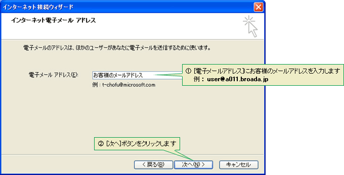 (1)[電子メールアドレス]にお客様のメールアドレスを入力します（例： user@a011.broada.jp）　(2)[次へ]ボタンをクリックします